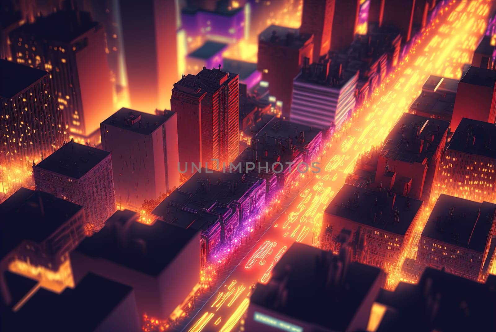 Abstract neon city aerial view. Technology concept of night cityscape with blue lights in synthwave style. Generated AI. by SwillKch