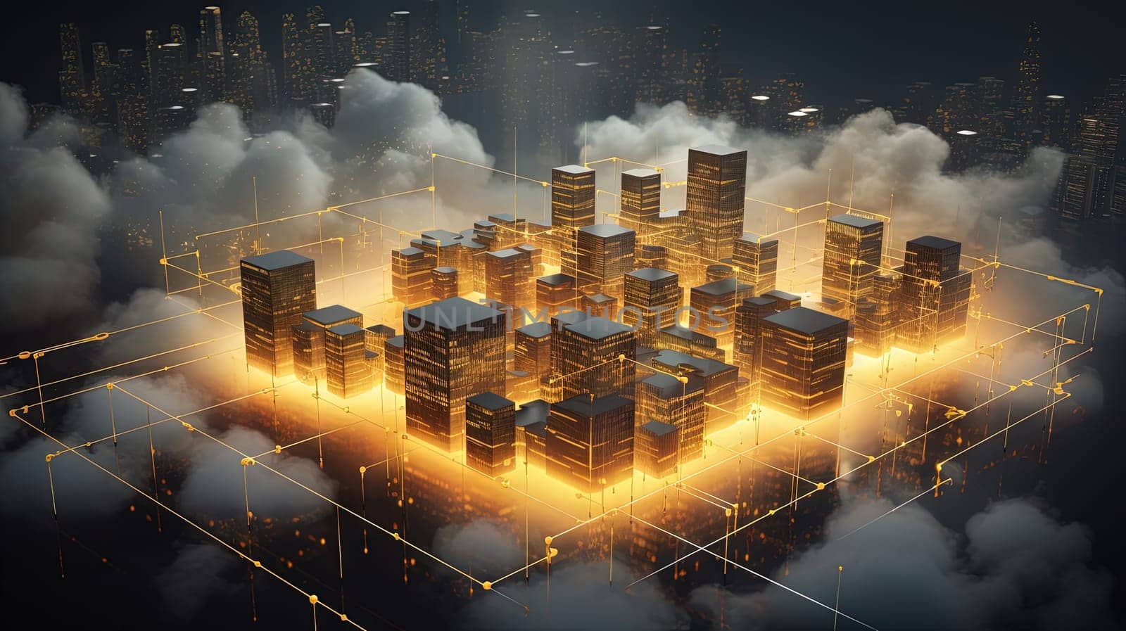Concept of a digital city with cloud connections. Futuristic network in the clouds. Generated AI. by SwillKch