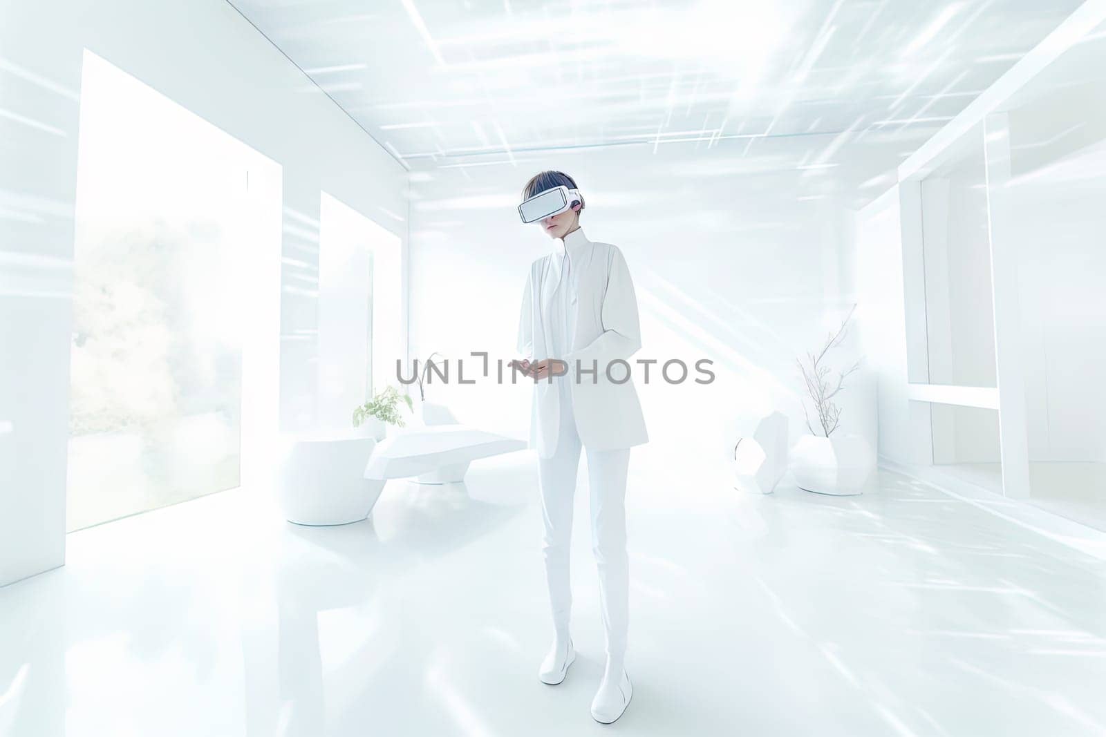 VR goggles technology concept with a person wearing virtual reality glasses device in white room. Generated AI