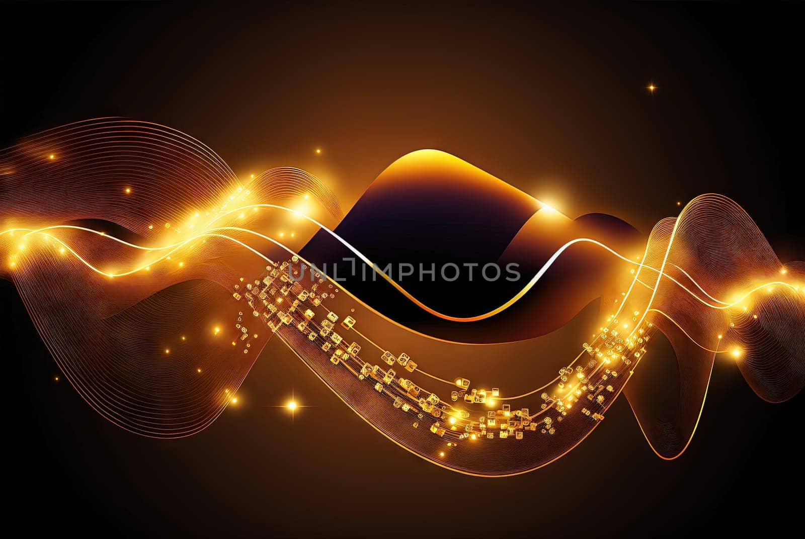 Technology abstract with shiny data wave flow. Science concept with glowing wires connected on futuristic background. Generated AI. by SwillKch