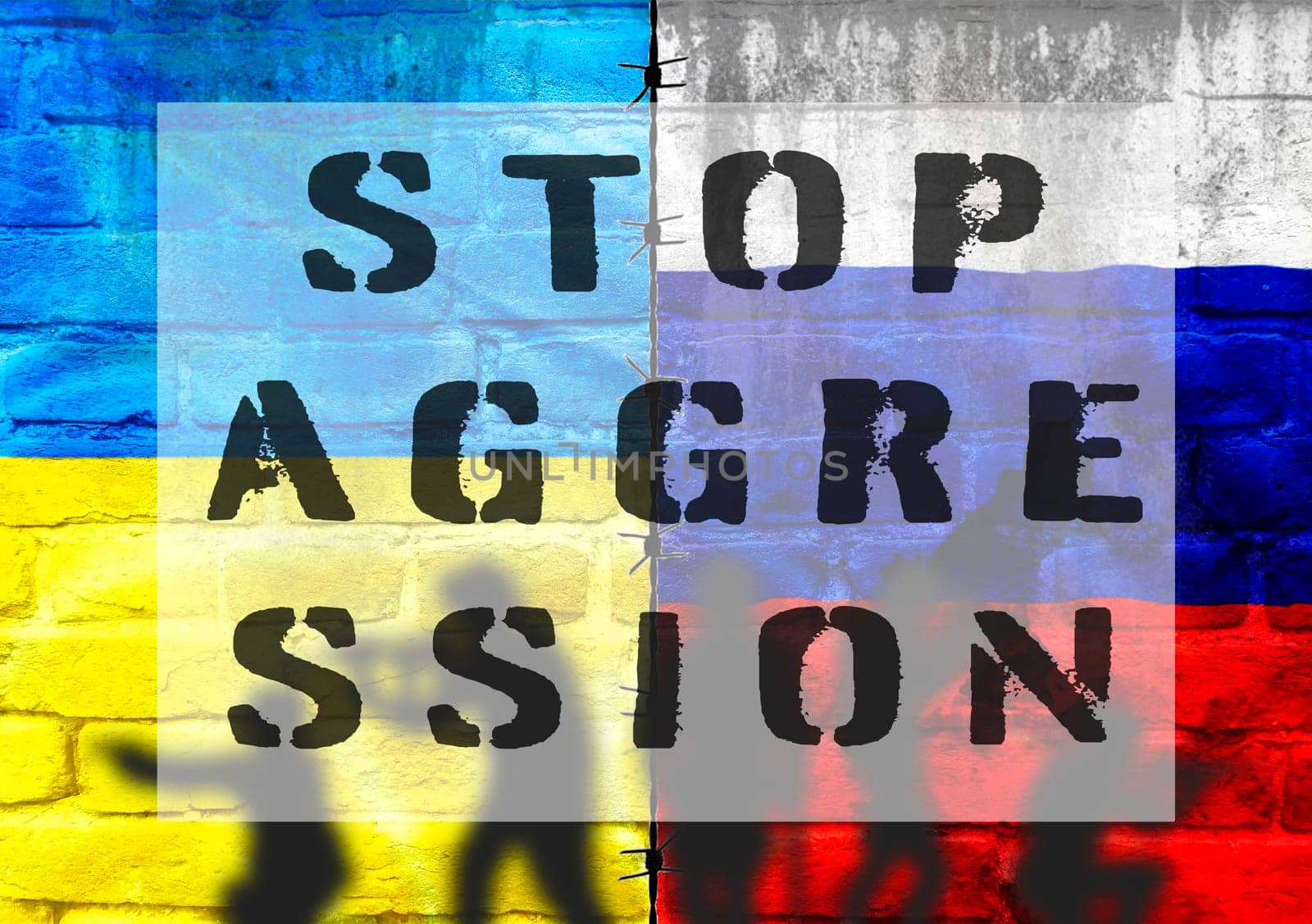A poster with a red, white and blue background with the words Stop Aggression written in white