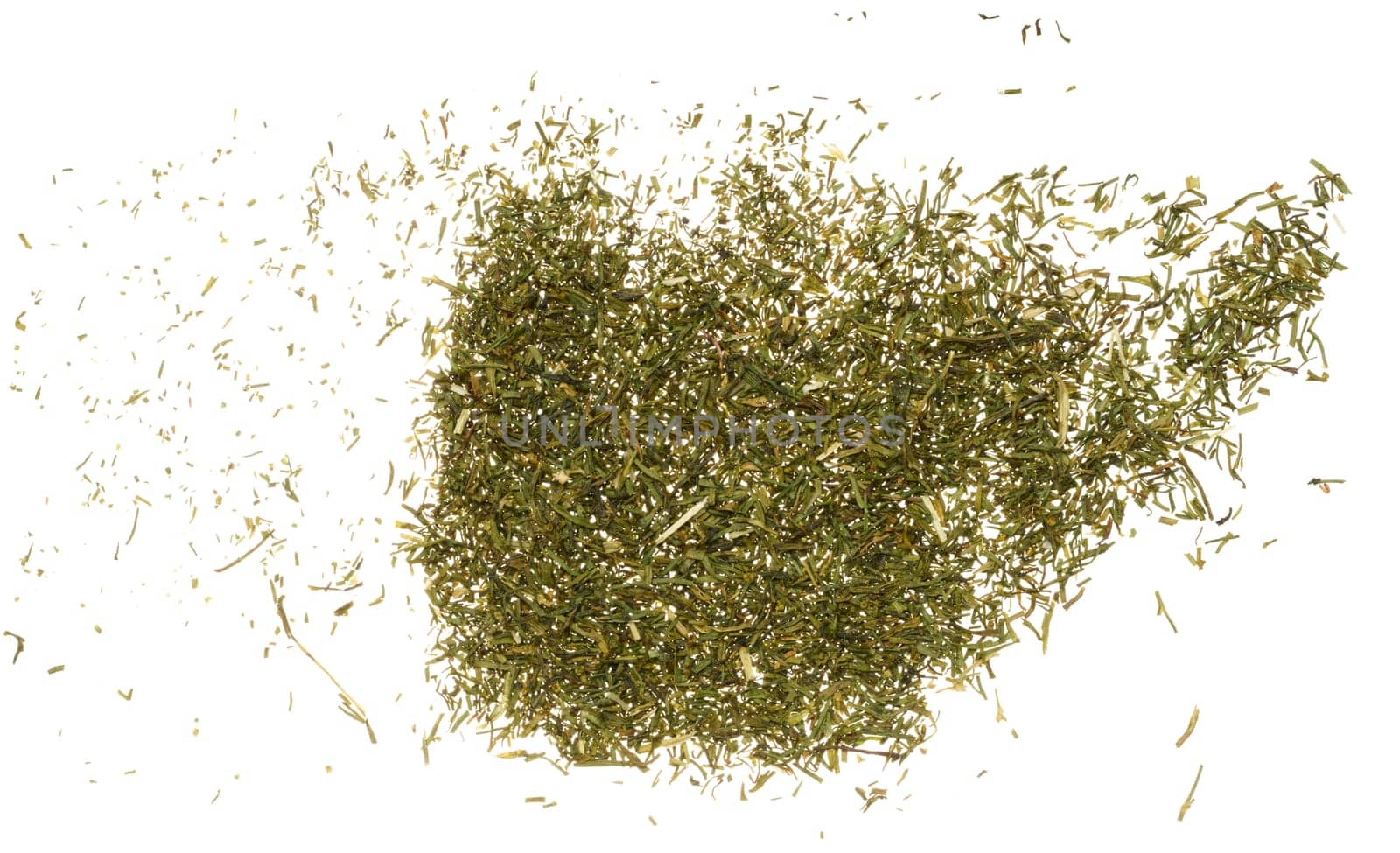 Dried dill scattered on isolated background, top view by ndanko