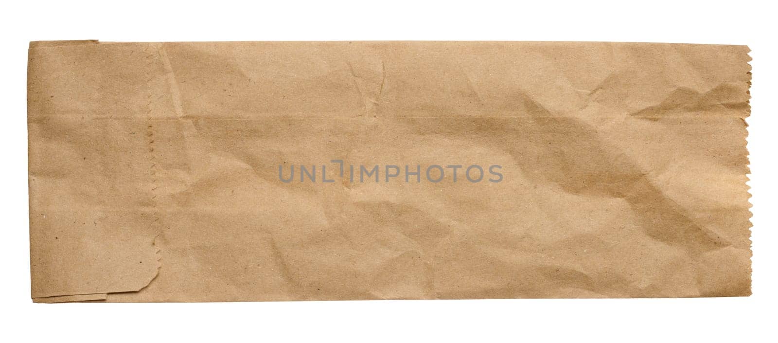 Brown kraft paper bag for packaging products in stores on an isolated background, top view