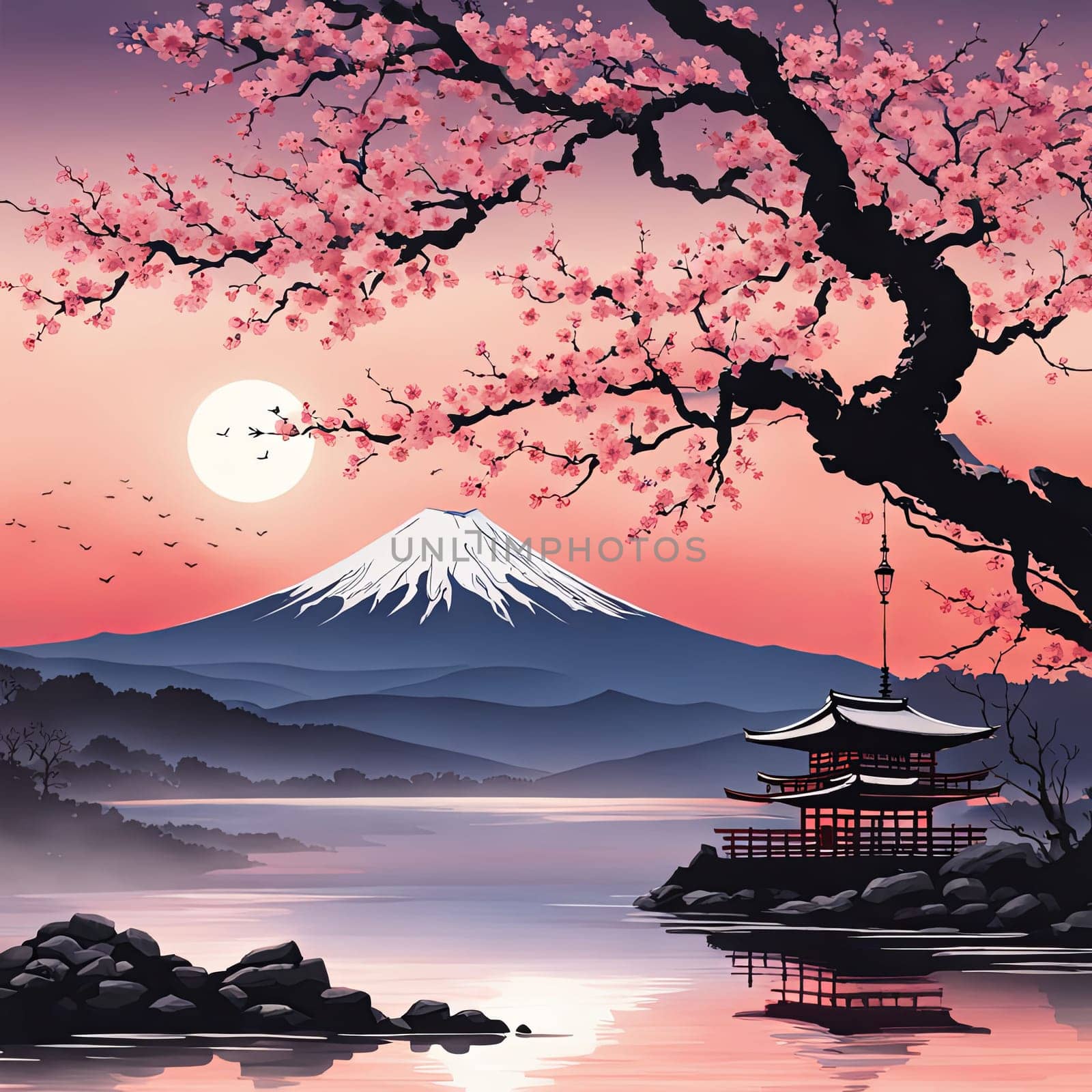 Japanese sunset over tranquil landscape, featuring traditional pagoda silhouetted against radiant sky. Blend of vibrant colors captures essence of peace. For art, creative projects, fashion, magazines