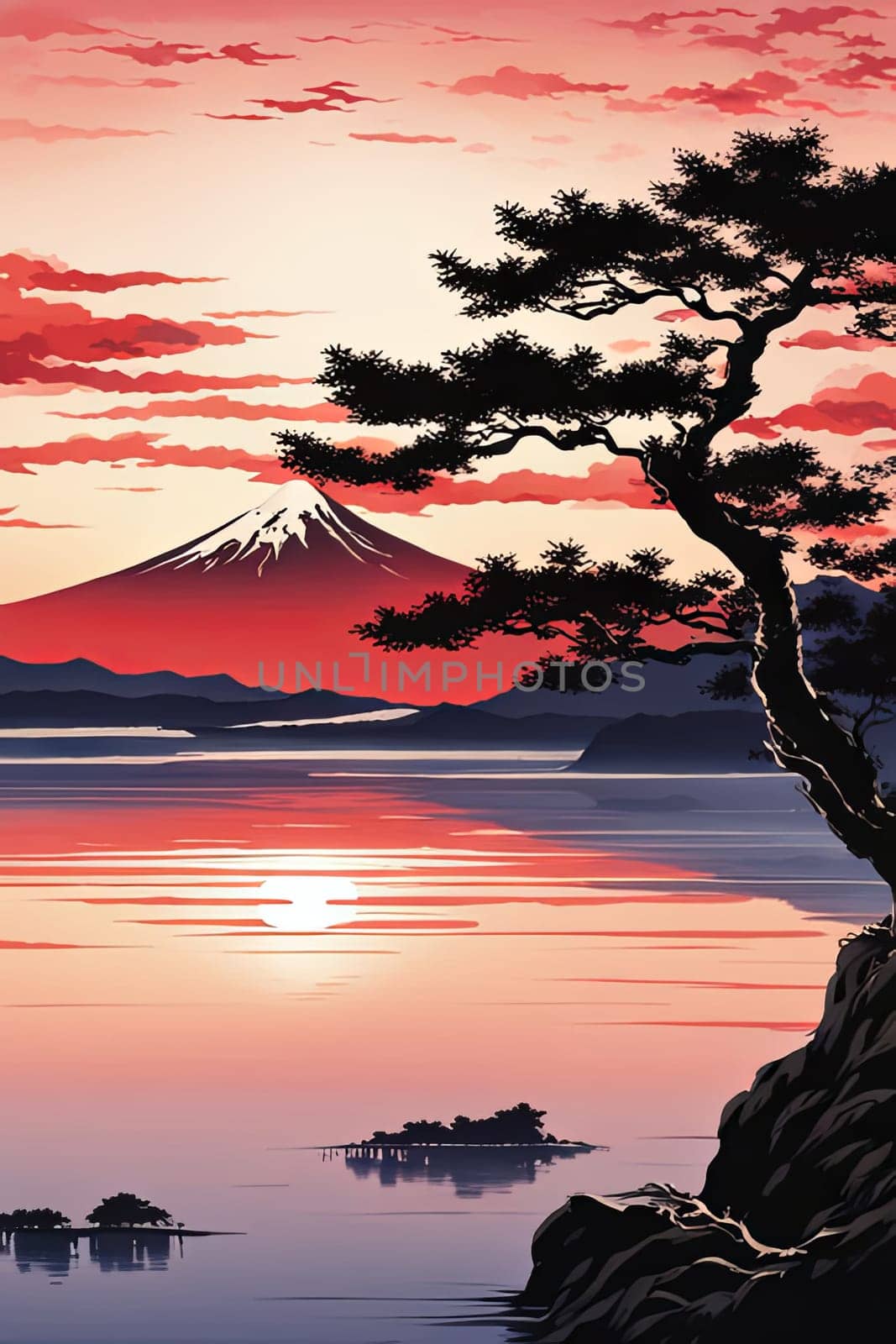 Painting of japanese Mount Fuji at sunset. For meditation apps, on covers of books about spiritual growth, in designs for yoga studios, spa salons, illustration for articles on inner peace, banner