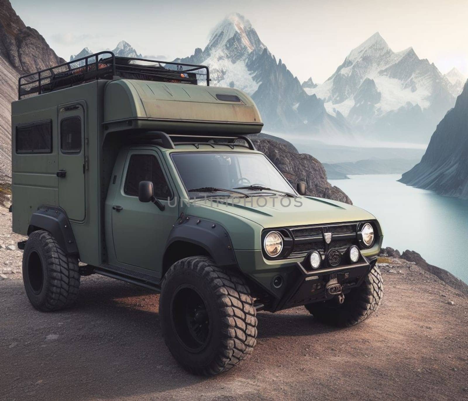 green matte 4x4 lifter vintage van conversion , nomadic lifestyle , offroad wheels, 3d render art ai generated