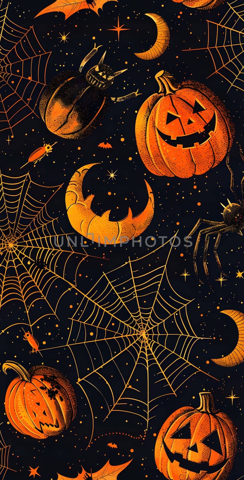 Spooky Halloween wallpaper with orange pumpkins, bats, moons, and spider webs by Nadtochiy