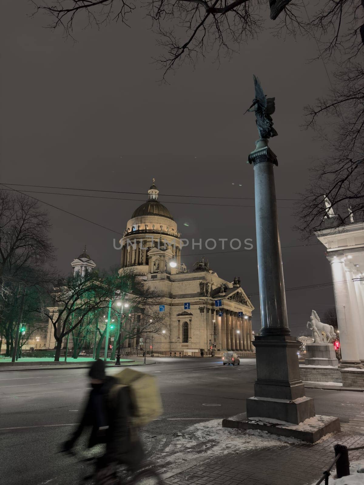 Night view of frozen the monument St. Isaac's Cathedral in frost after severe frosts, Russia, St.Petersburg by vladimirdrozdin