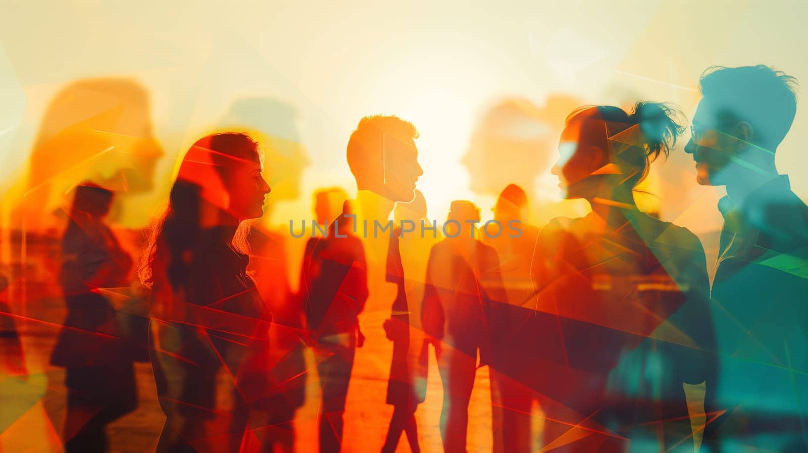 abstract image of crowds of silhouetted people walk along a city street bathed in the warm glow of the setting sun, with reflections in the glass adding depth - Generative AI