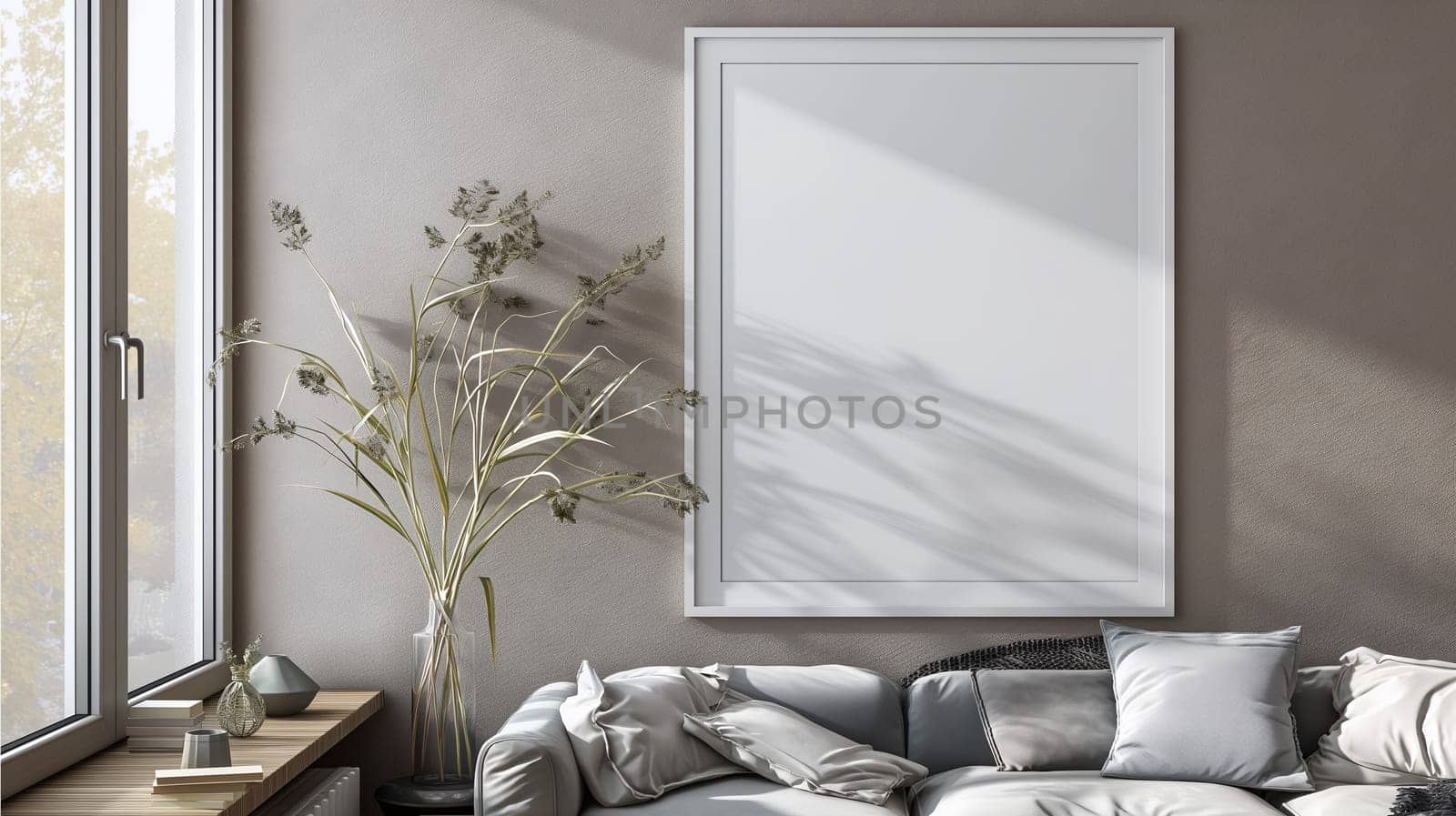 A stylish living room corner featuring a cozy couch with cushions, a framed blank wall art, and a vase with dried plants, bathed in the soft light of morning. - Wall mockup - Generative AI