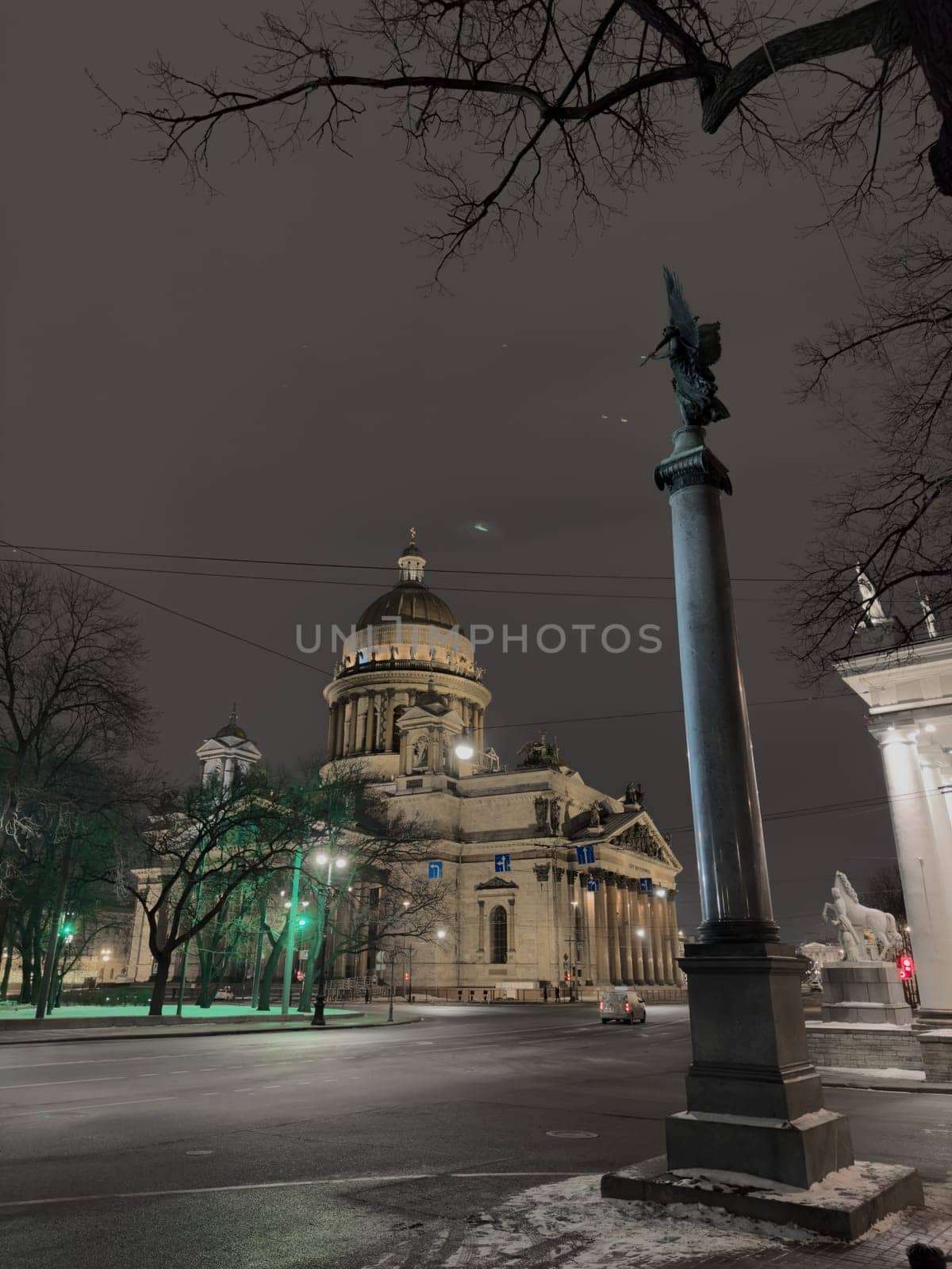 Night view of frozen the monument St. Isaac's Cathedral in frost after severe frosts, Russia, St.Petersburg by vladimirdrozdin