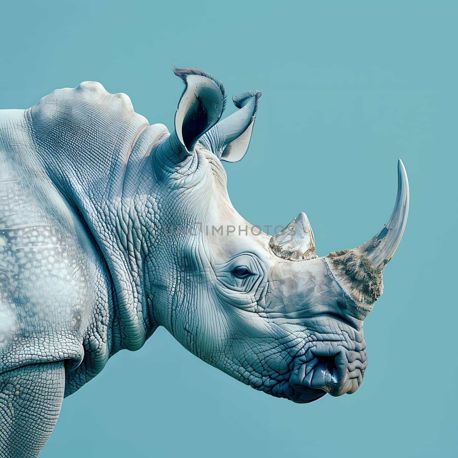 A closeup of a White Rhinoceros head against a clear blue sky, showing its powerful jaw, detailed eye, and majestic sculpturelike gesture