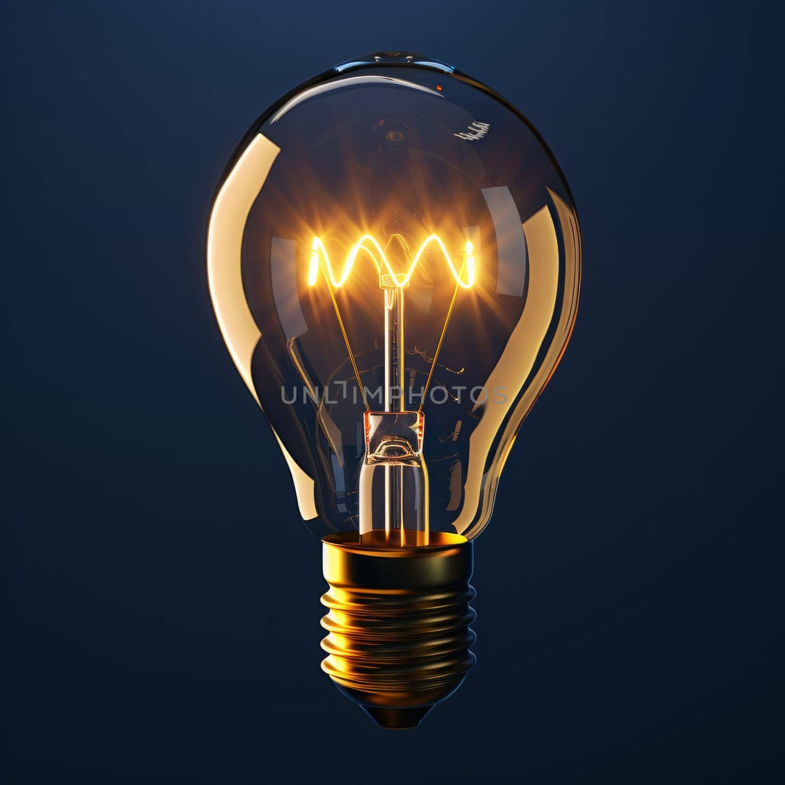 3d light bulb shining isolated on navy dark blue background. Creativity and ideas concept.