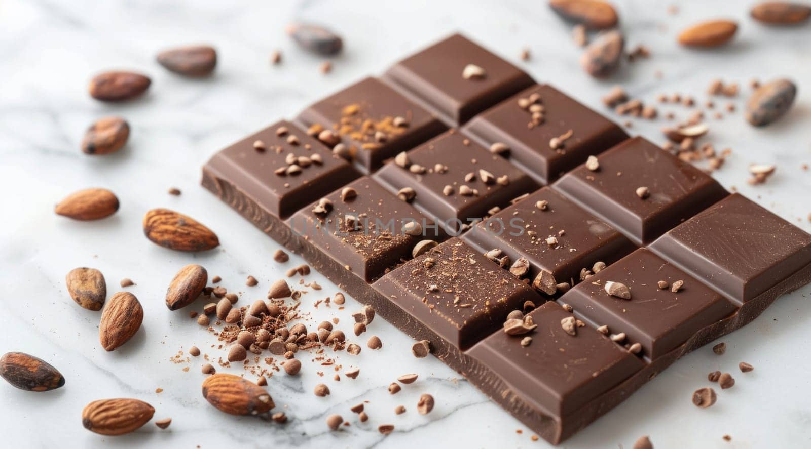 Close up of a chocolate bar with cacao beans and almonds scattered around it on a white marmol surface