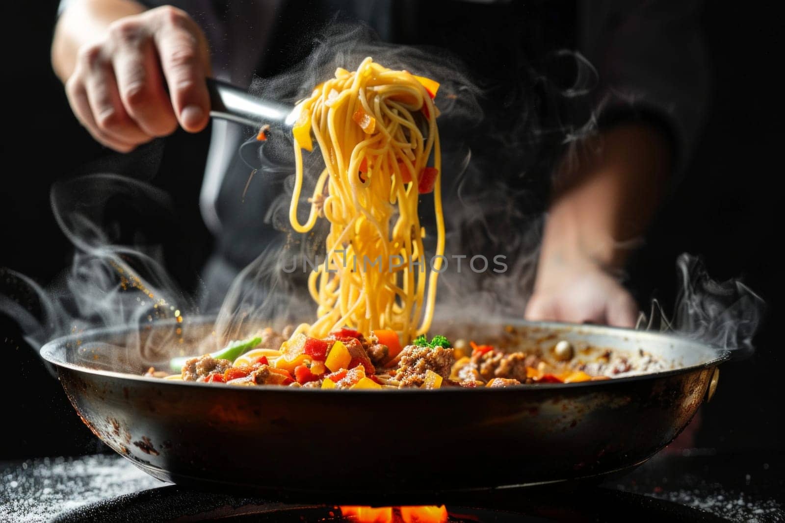 Unrecognizable chinese chef is cooking the noodles in hot pan with vegetables and meat on it by papatonic