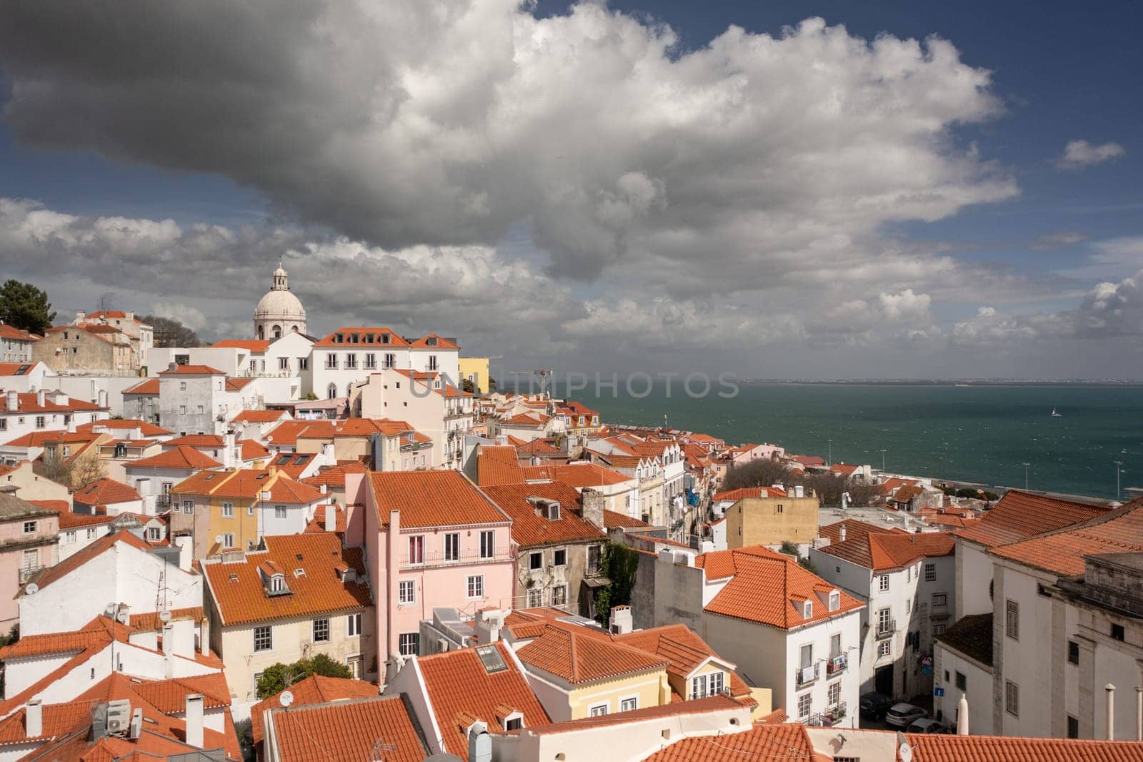 Aerial view of the Alfama, old part of Lisbon, Portugal. Church of Santa Engracia.