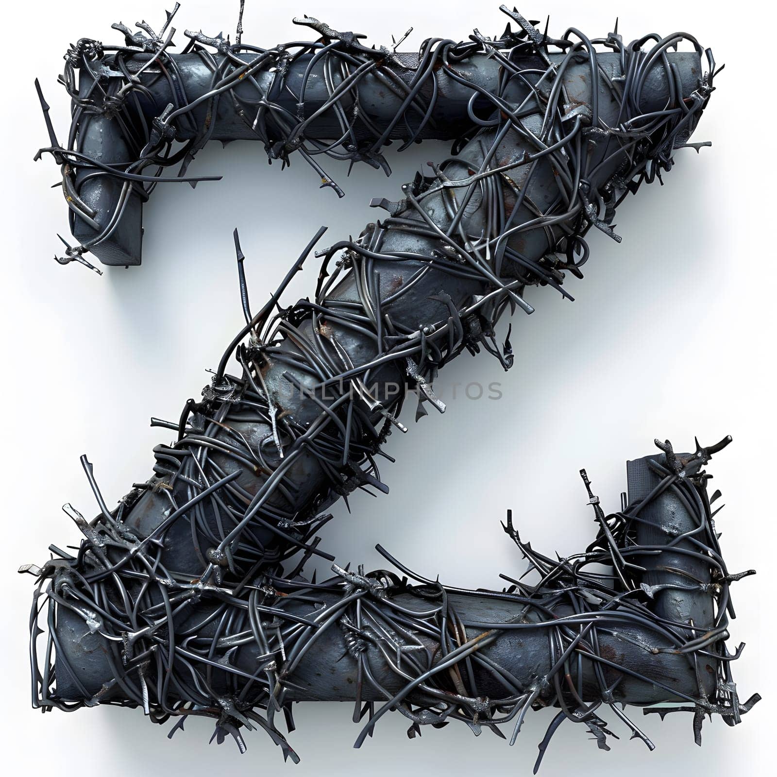 The letter z is crafted from twigs in the shape of barbed wire, set against a white background. This unique pattern combines terrestrial plant elements with a fashion accessory twist