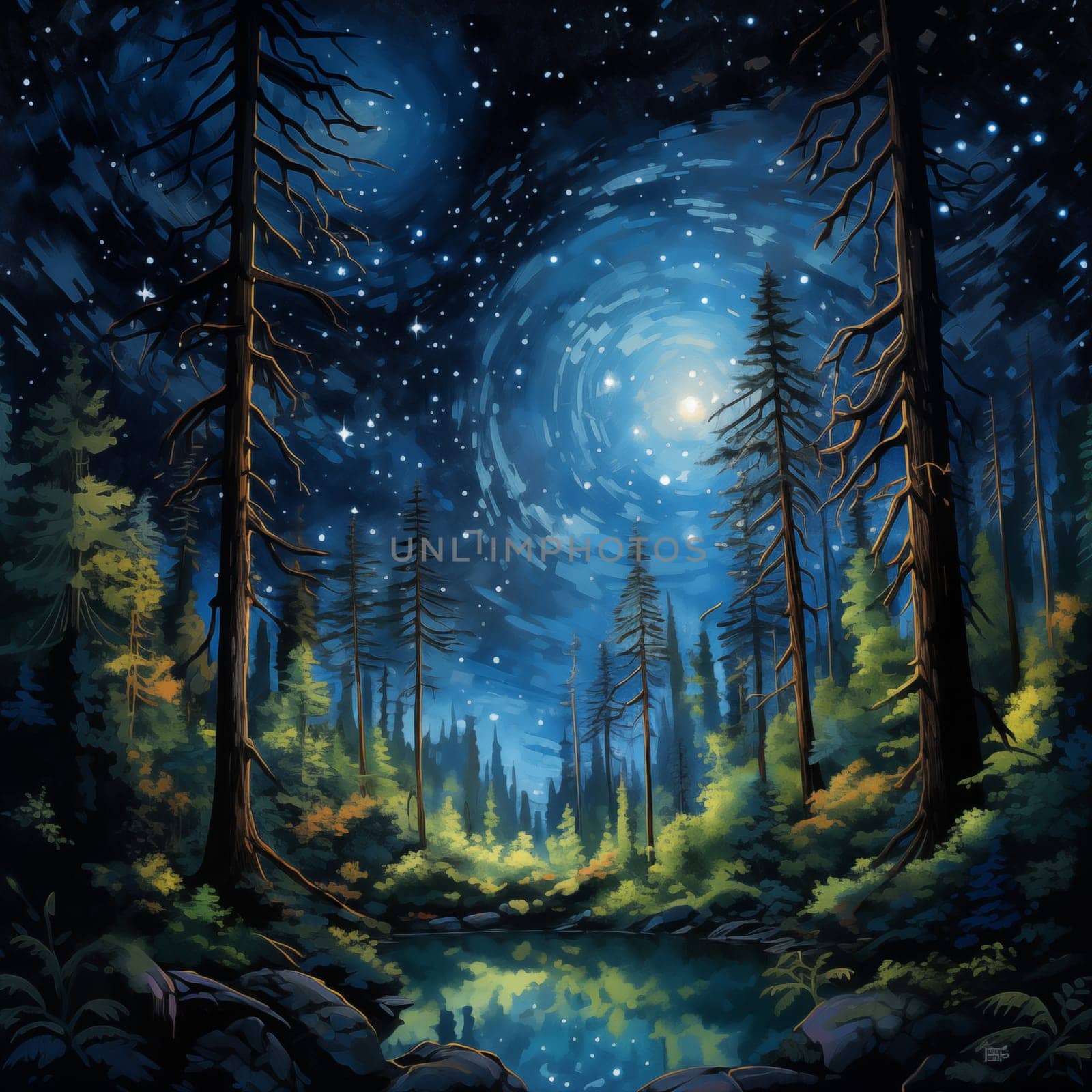 This painting depicts a lush, vibrant forest under a starry sky, capturing the serene beauty of a night in the woods.