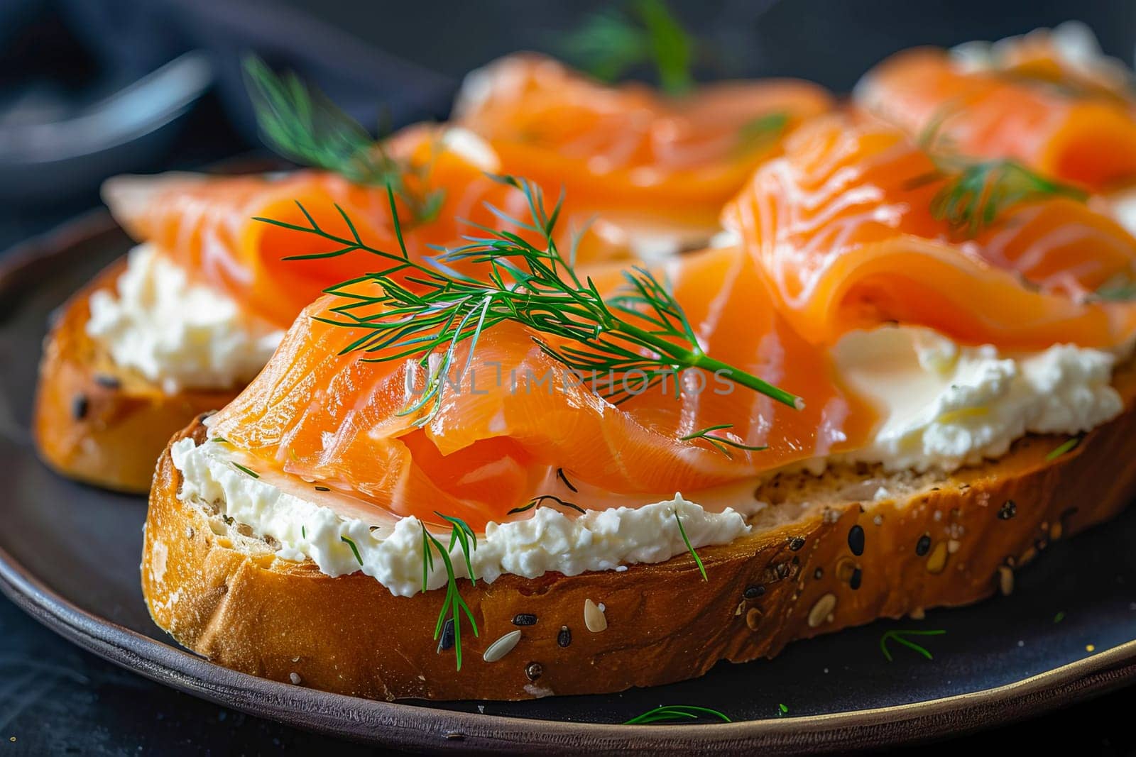 Salmon with cream cheese on toast with dill on a black background. AI generated. by OlgaGubskaya