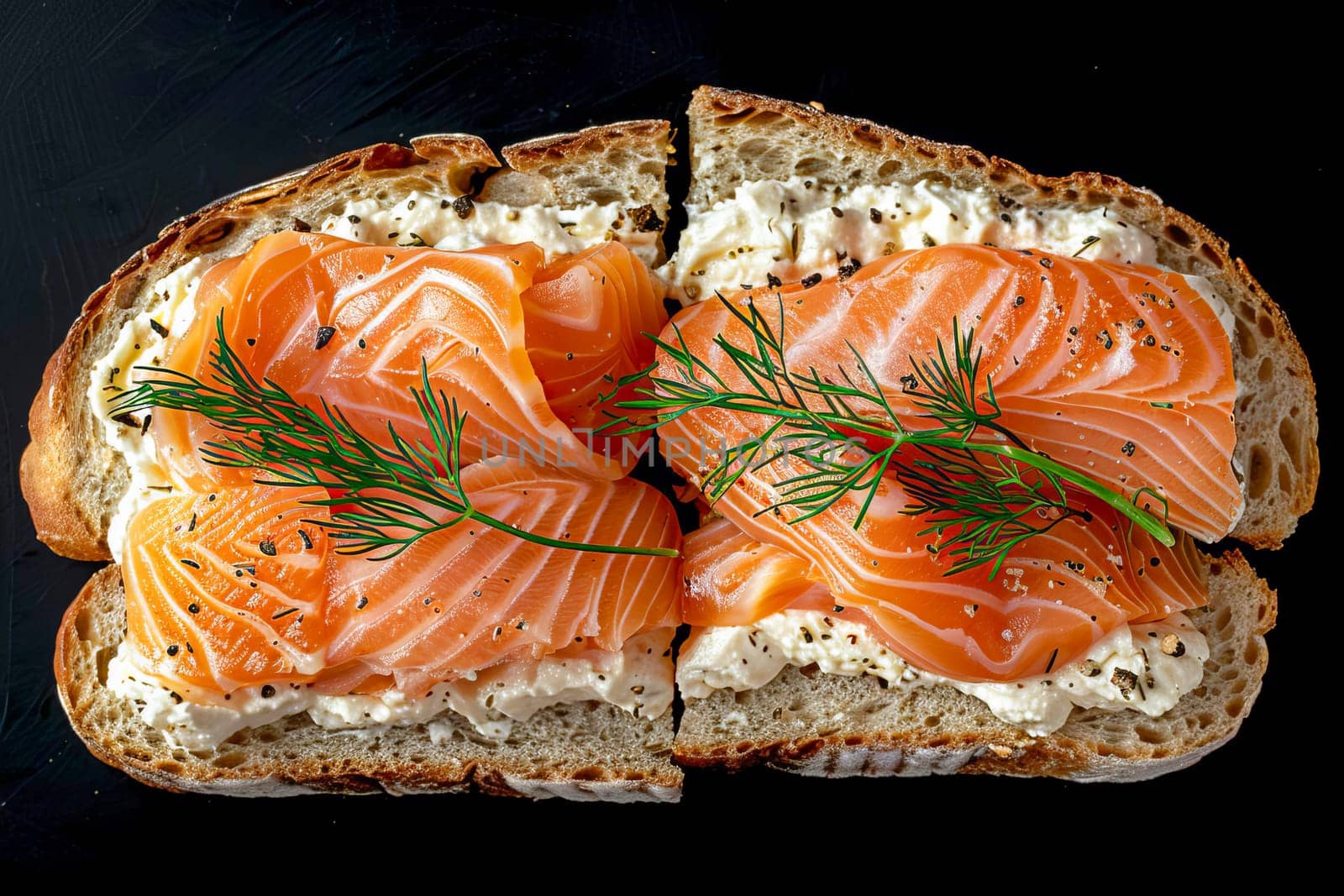 Slices of smoked salmon with cream cheese on whole grain toast, decorated with sprigs of dill, top view, on a black background. AI generated.