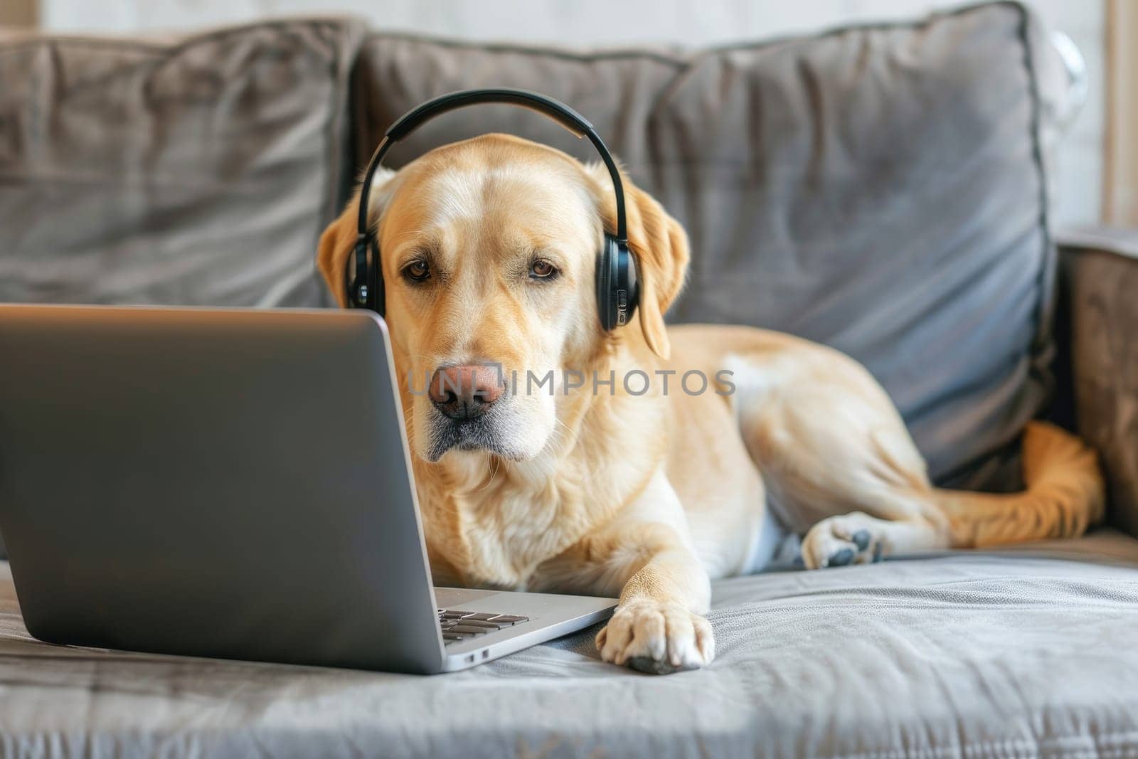 A dog working from home on a laptop wearing headphones, Generative AI.