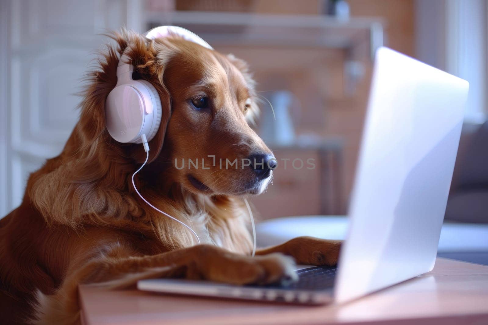 A dog working from home on a laptop wearing headphones, Generative AI by nijieimu