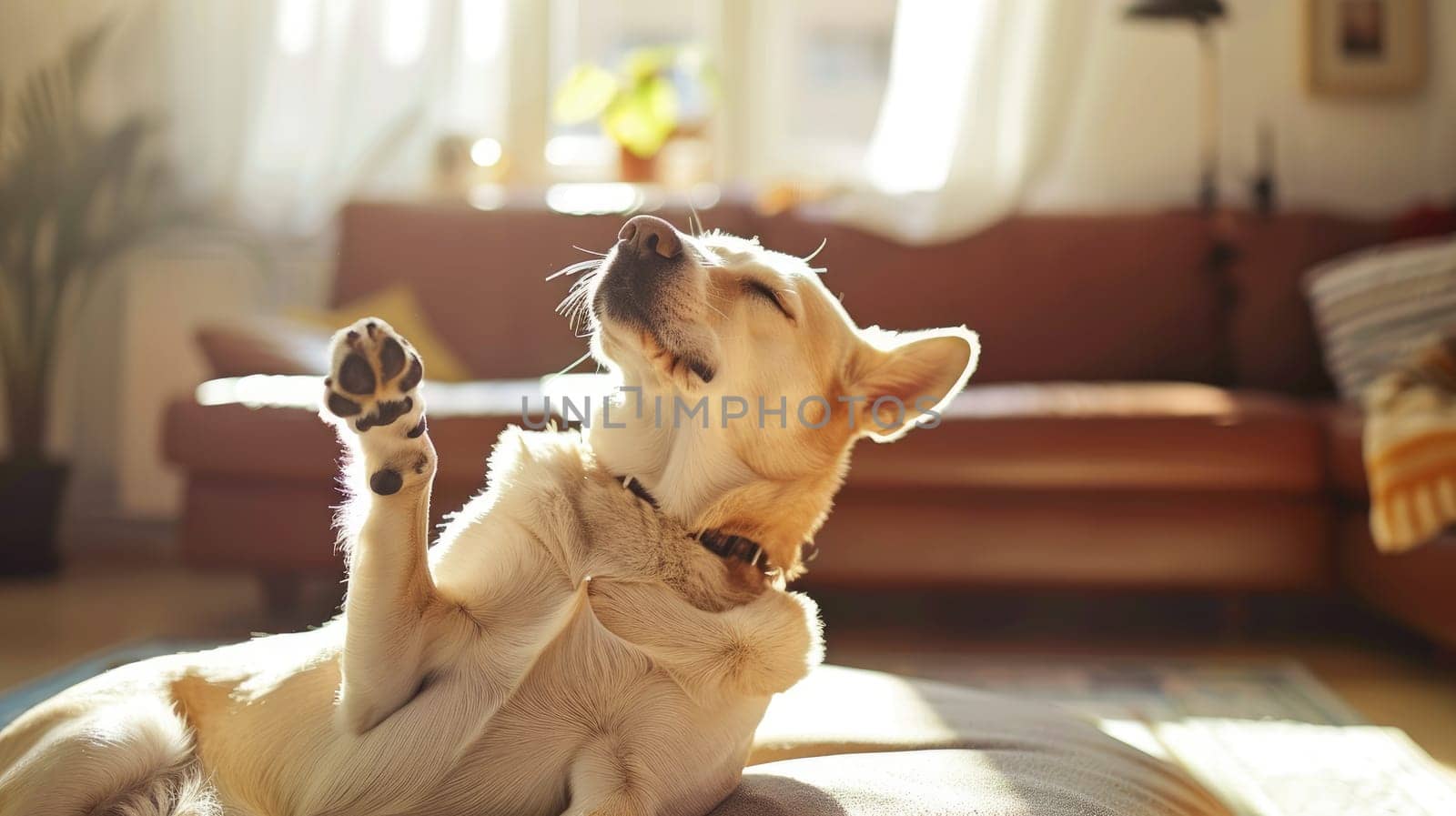 A dog resting in a warm bright living room, Dog lifestyle photography, Generative AI by nijieimu