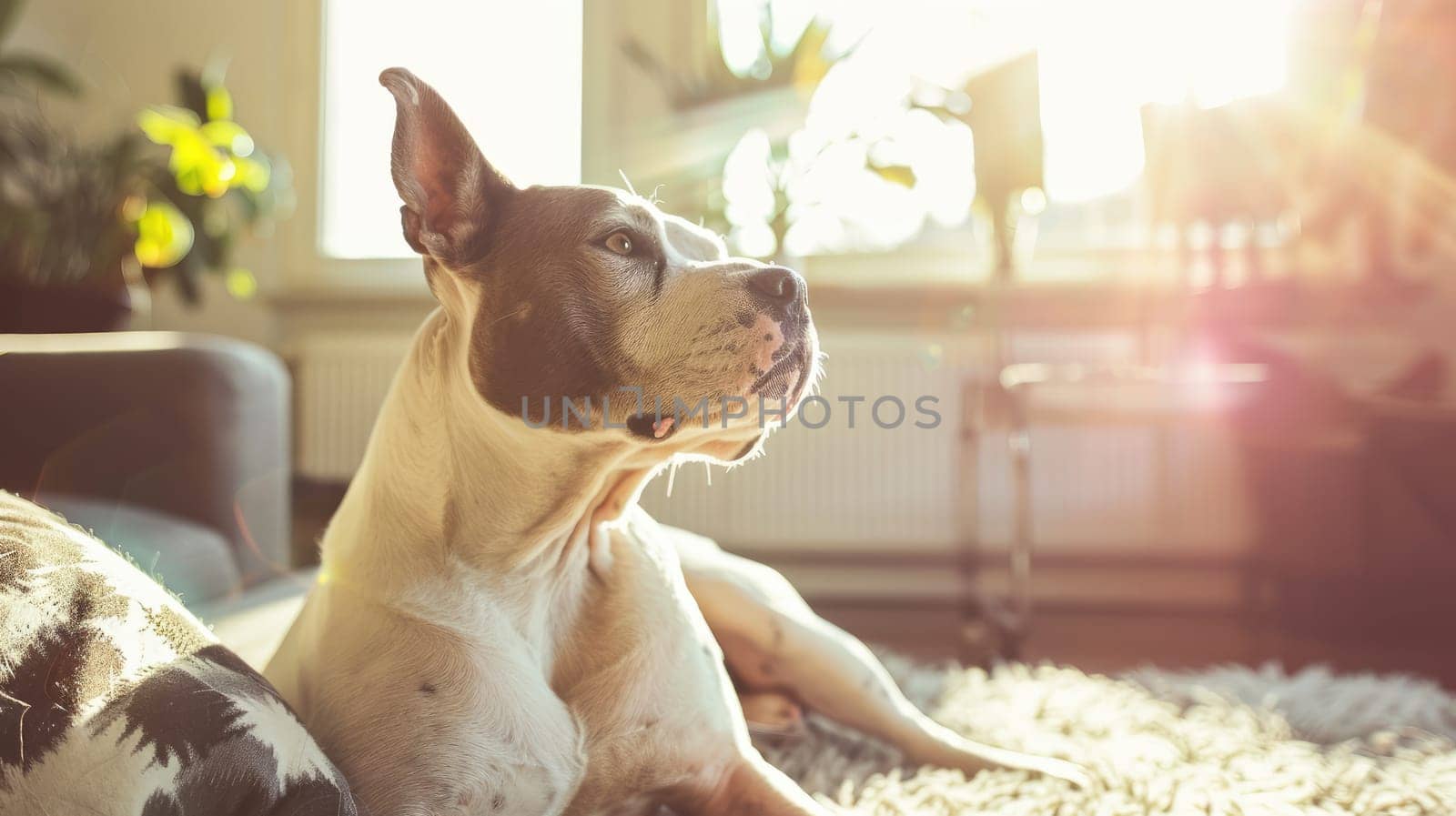 A dog resting in a warm bright living room, Dog lifestyle photography, Generative AI by nijieimu