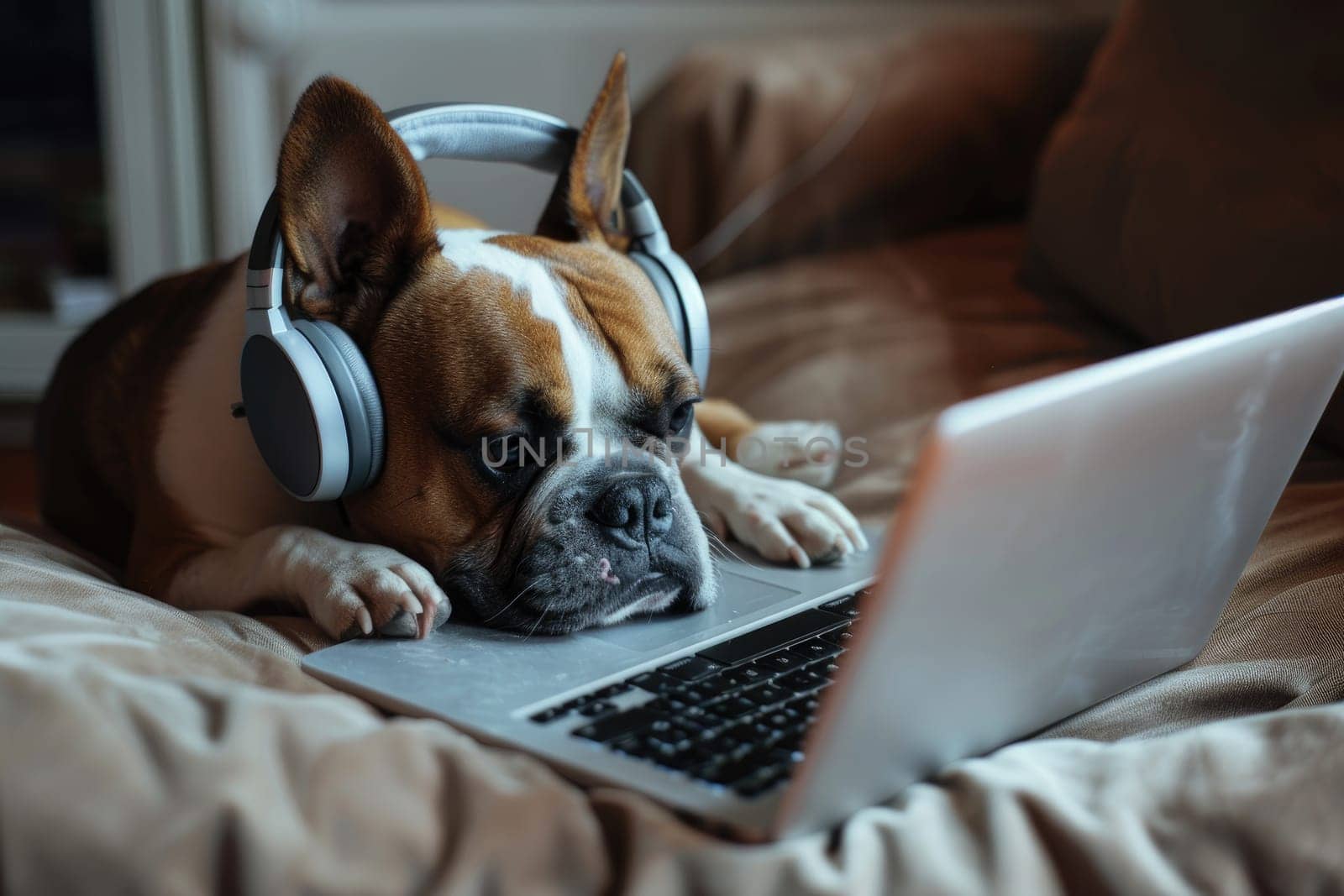 A dog working from home on a laptop wearing headphones, Generative AI by nijieimu