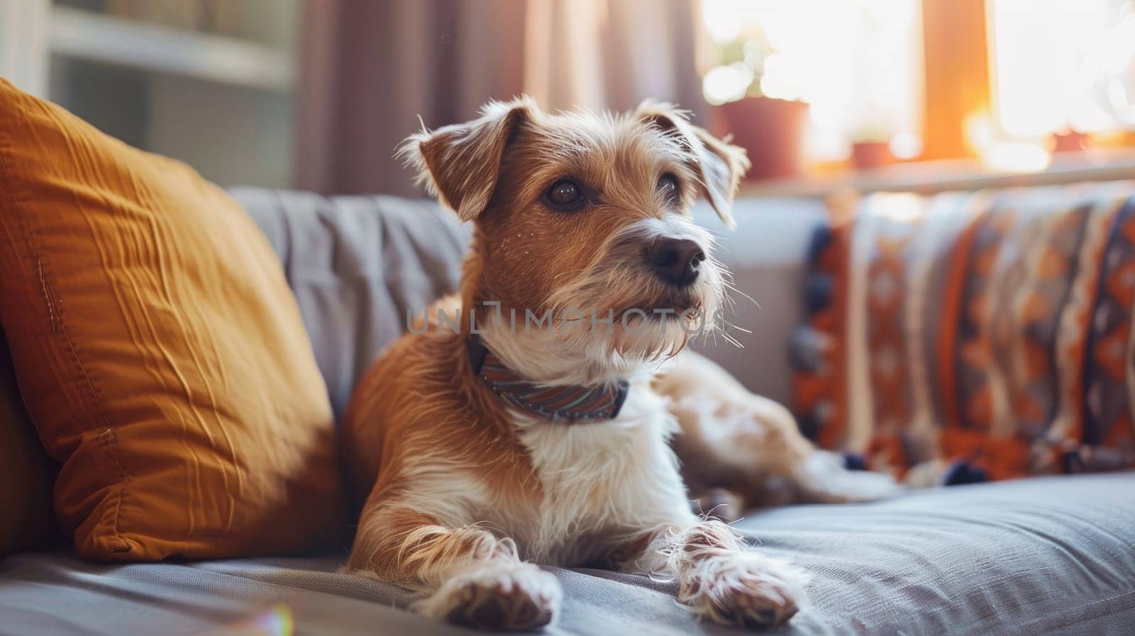 A dog resting in a warm bright living room, Dog lifestyle photography, Generative AI.