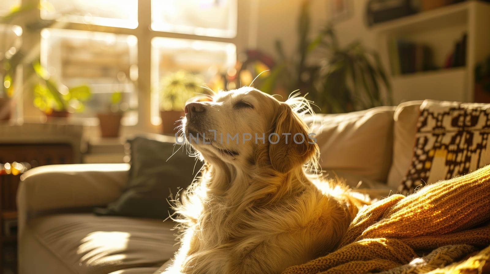 A dog resting in a warm bright living room, Dog lifestyle photography, Generative AI.