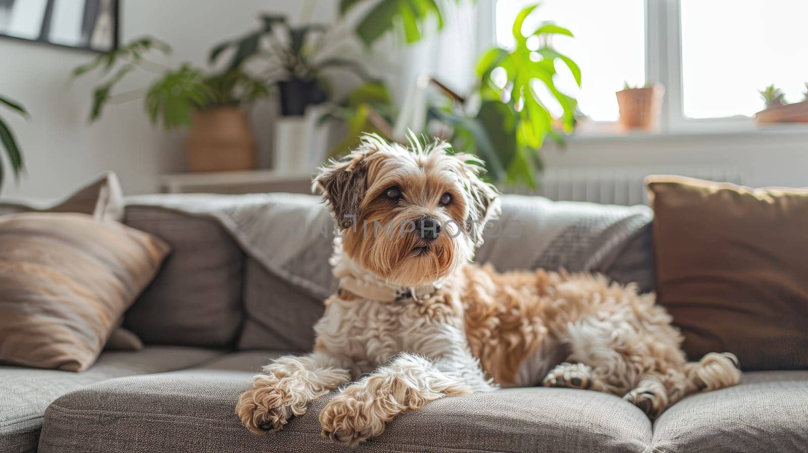 A dog resting in a warm bright living room, Dog lifestyle photography, Generative AI.