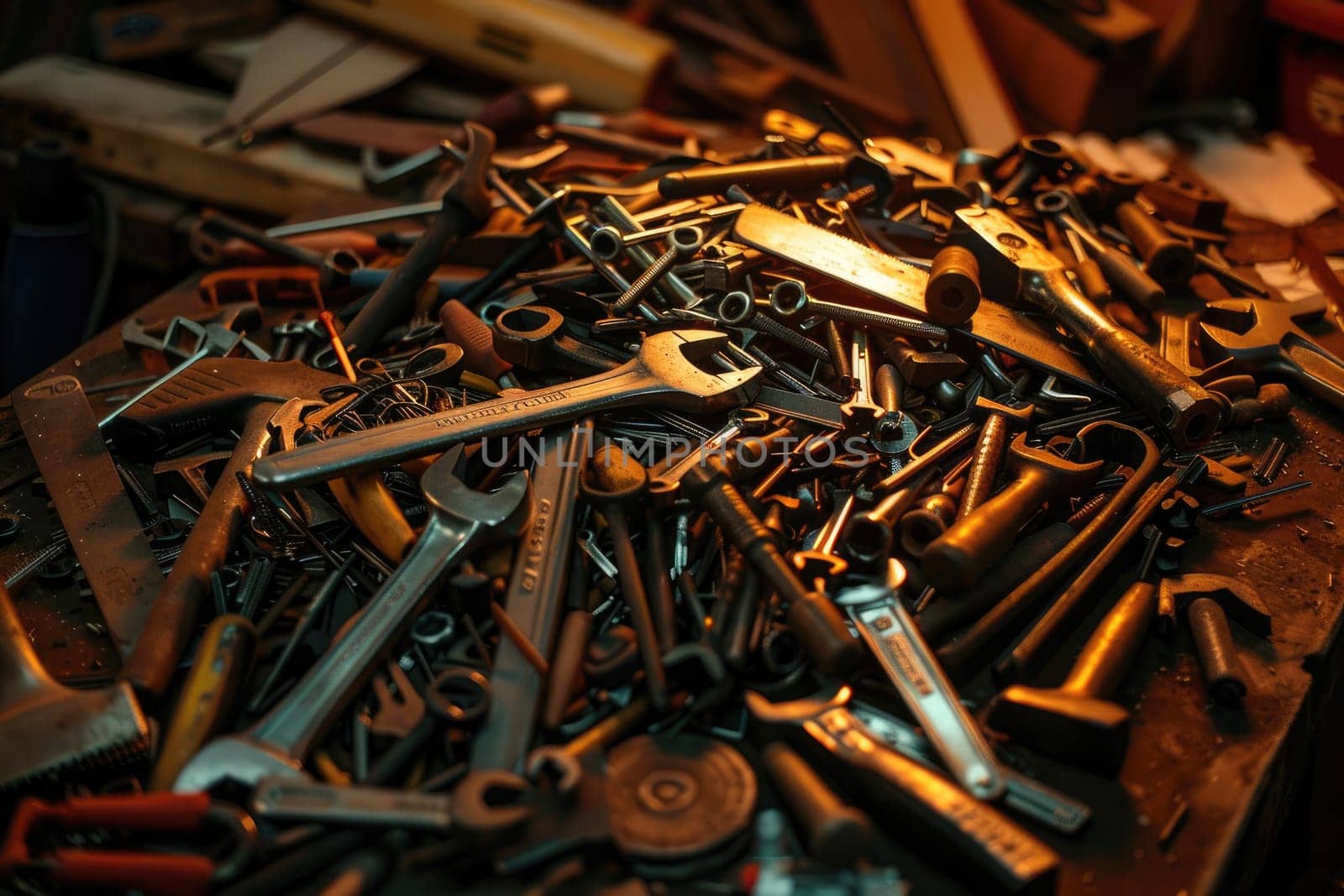 A pile of tools in warm light, Building and measuring tools, Generative AI.