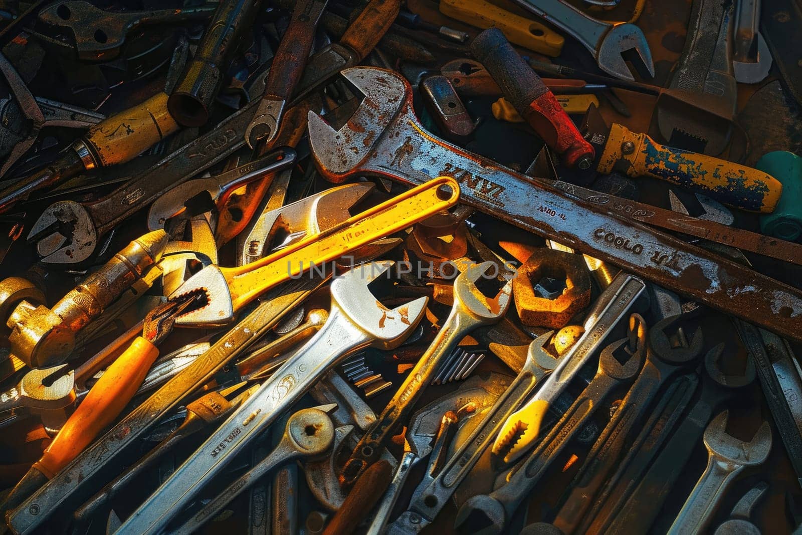 A pile of tools in warm light, Building and measuring tools, Generative AI by nijieimu