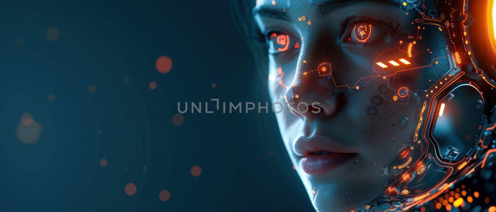 A cyborg face is covered in glowing red sparks.
