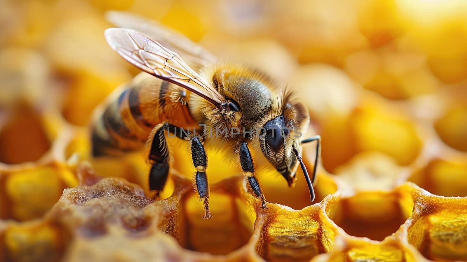 A bee is on a honeycomb by golfmerrymaker