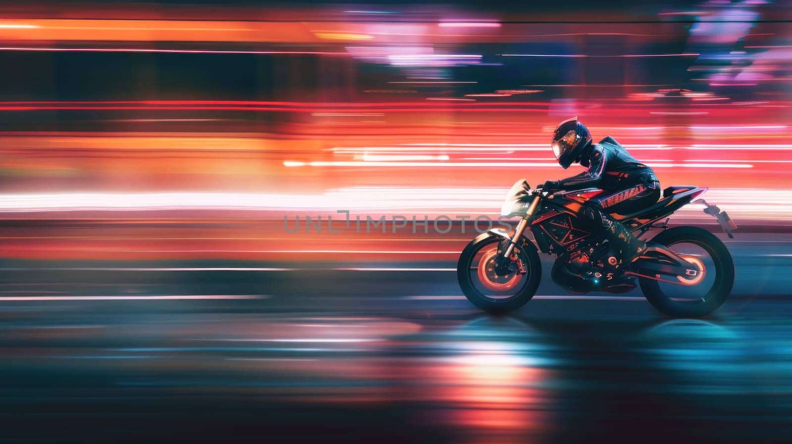 A man is riding a motorcycle in the rain. The image is blurry and has a sense of motion