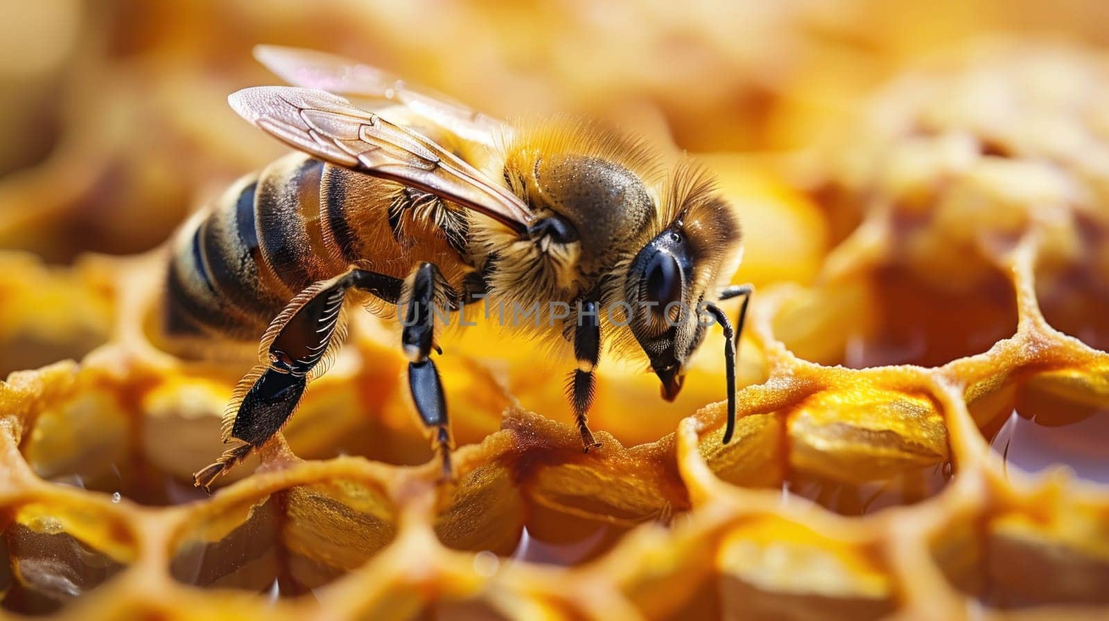 A bee is on a honeycomb.