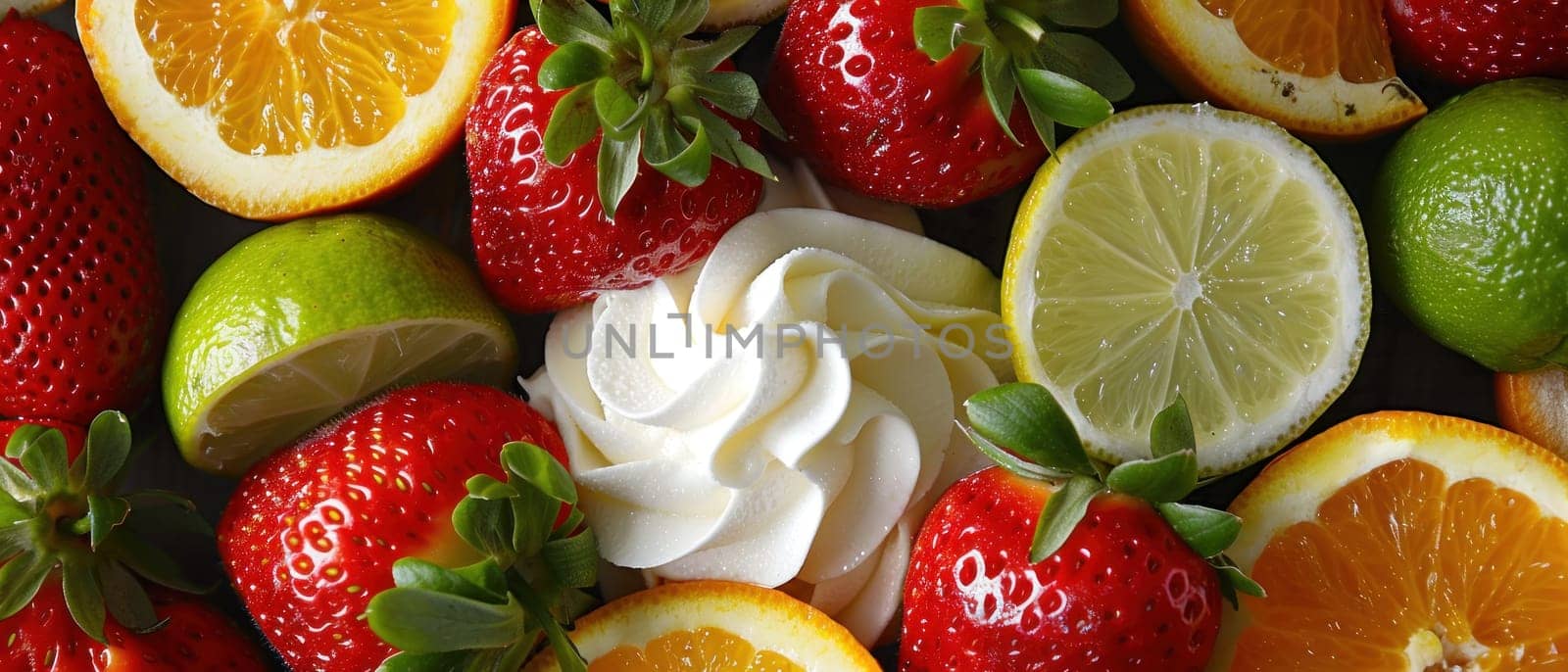 A fruit platter with cream strawberries, oranges, and lime.