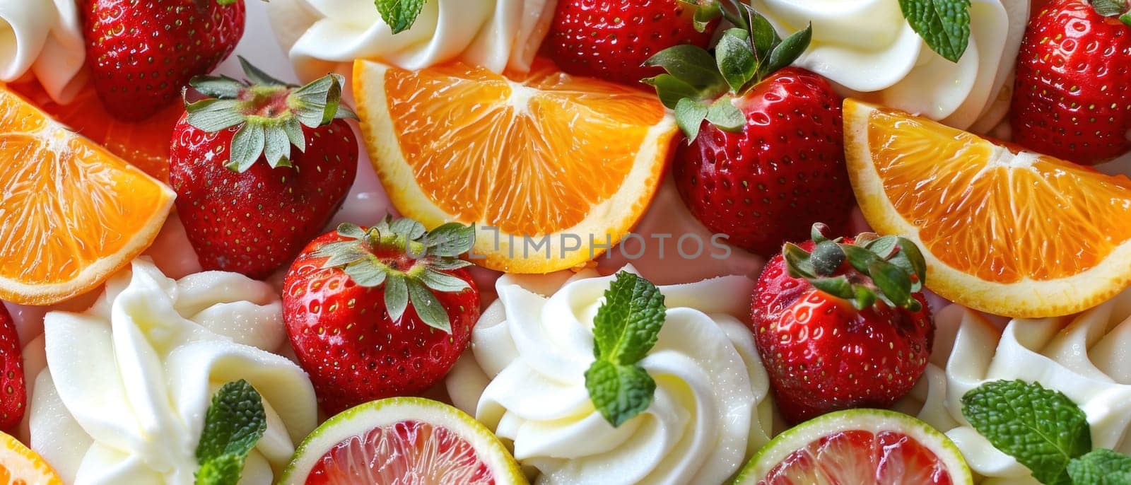 A fruit platter with cream strawberries, oranges, and lime.