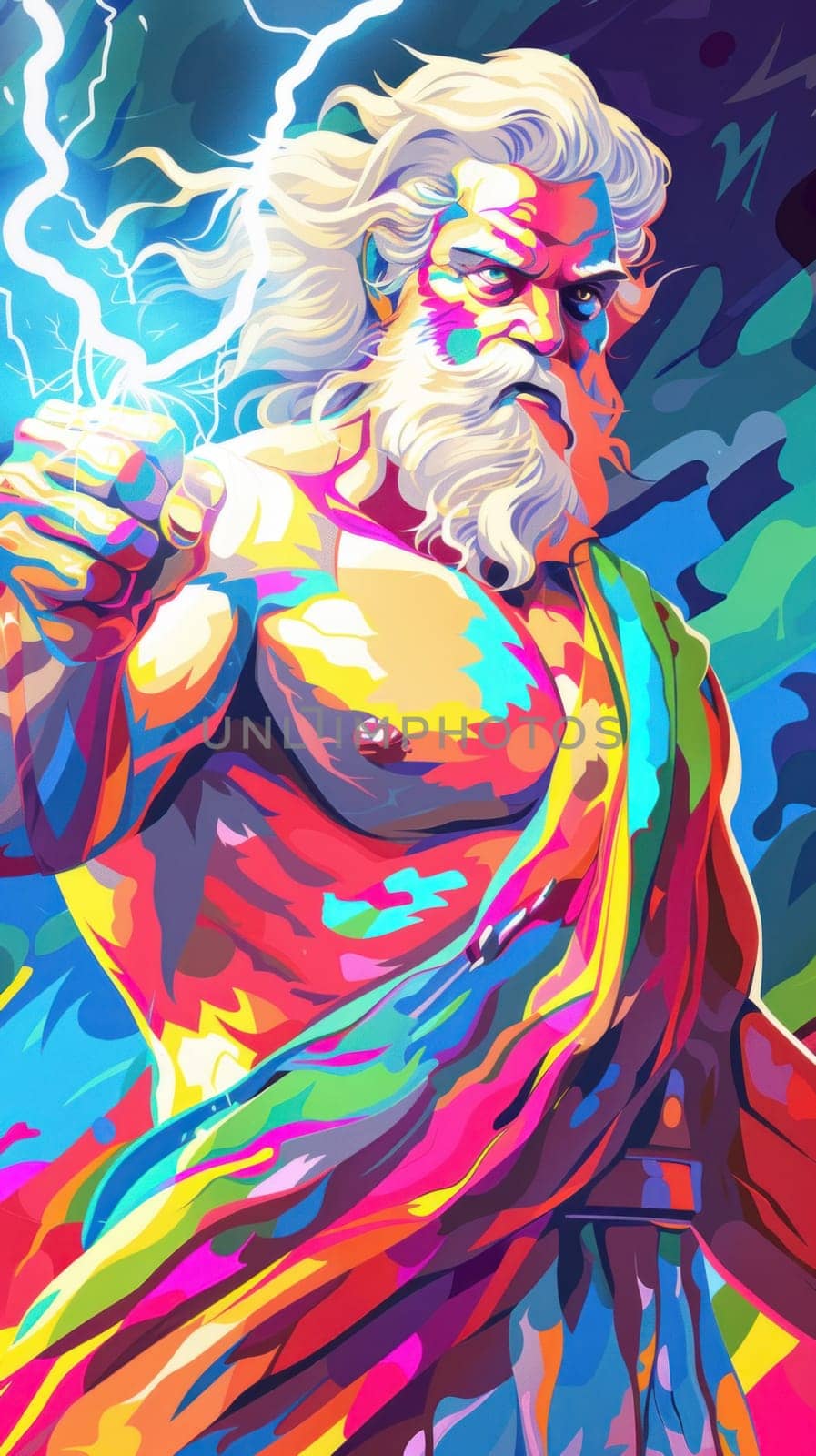 A colorful painting of a zeus with a lightning bolt in his hand.