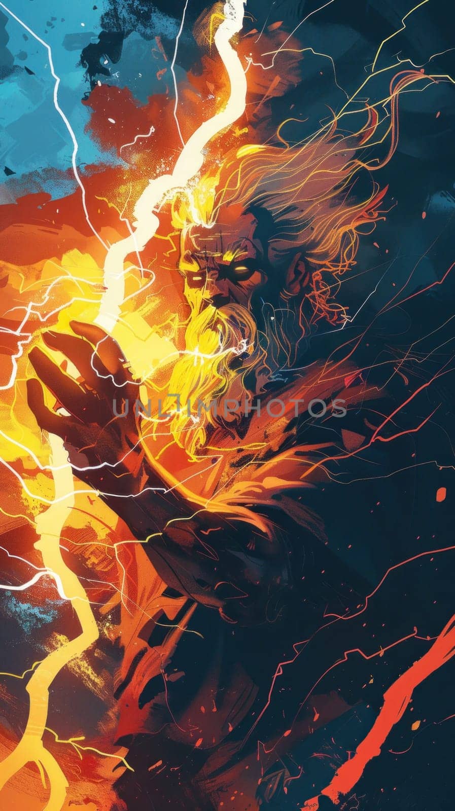 A colorful painting of a zeus with a lightning bolt in his hand by golfmerrymaker