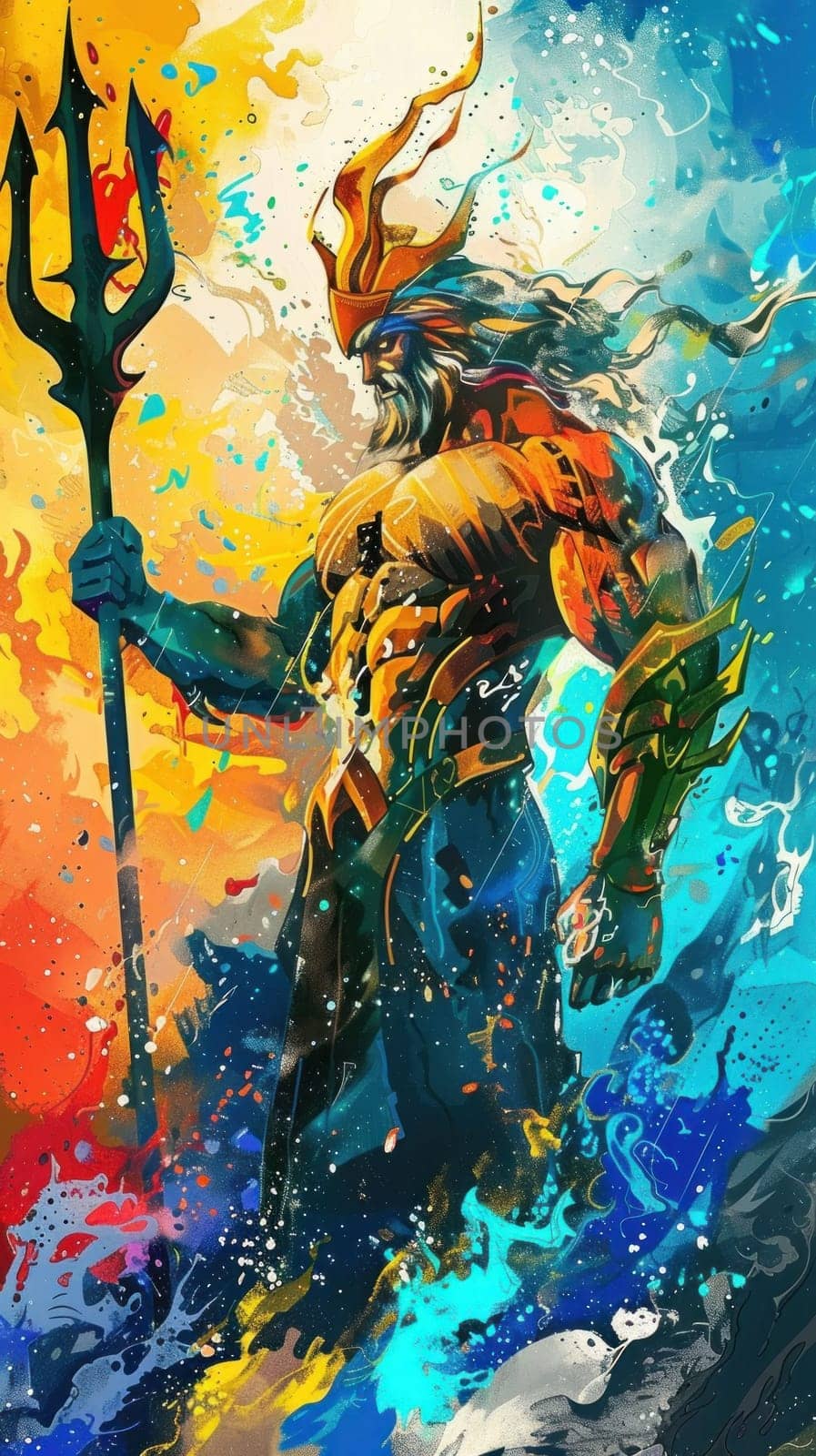 Poseidon with a trident is standing in a painting with a splash of color. The painting is abstract and the man is the main focus