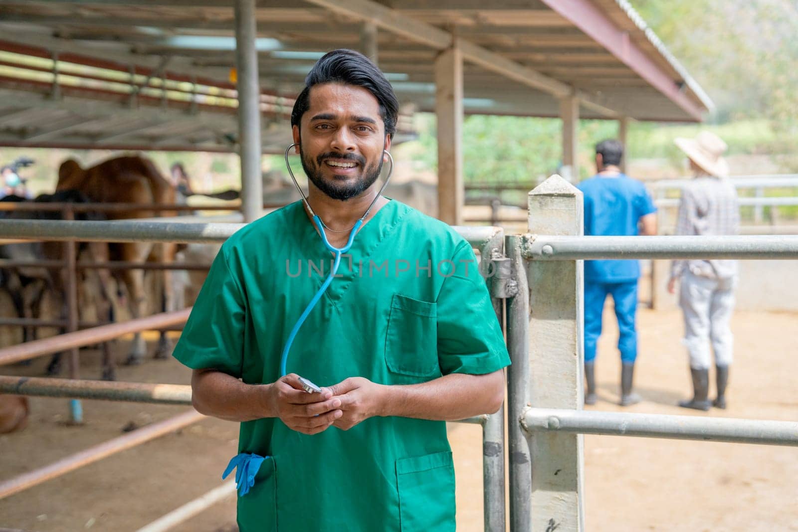 Asian veterinarian with green uniform hold stethoscope and look at camera with smiling also stand in front of cow stable that his team still working in the background.