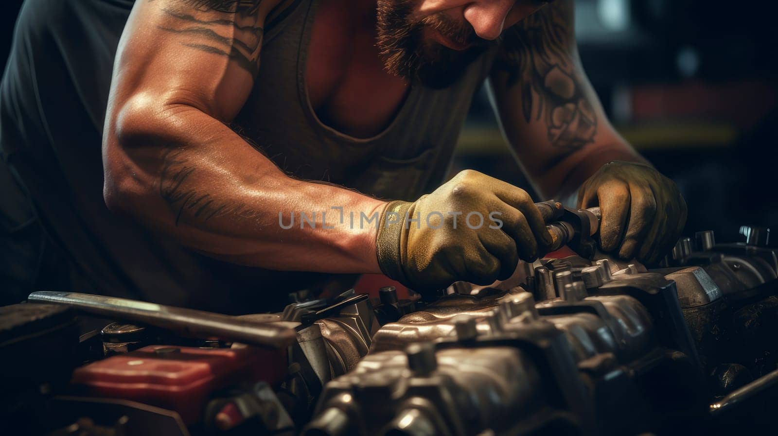 Close-up of a mechanic's hands repairing a car engine in an auto repair shop. Electric battery maintenance, Checking the electrical system inside the car