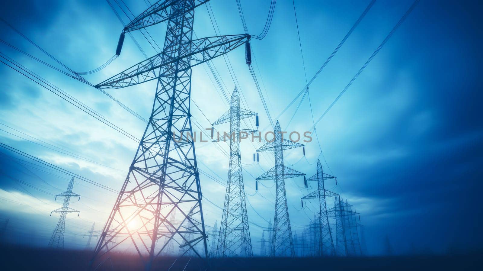 High voltage electrical line. High voltage power transmission tower against a background of blue sky and sun. Electric current runs through wires