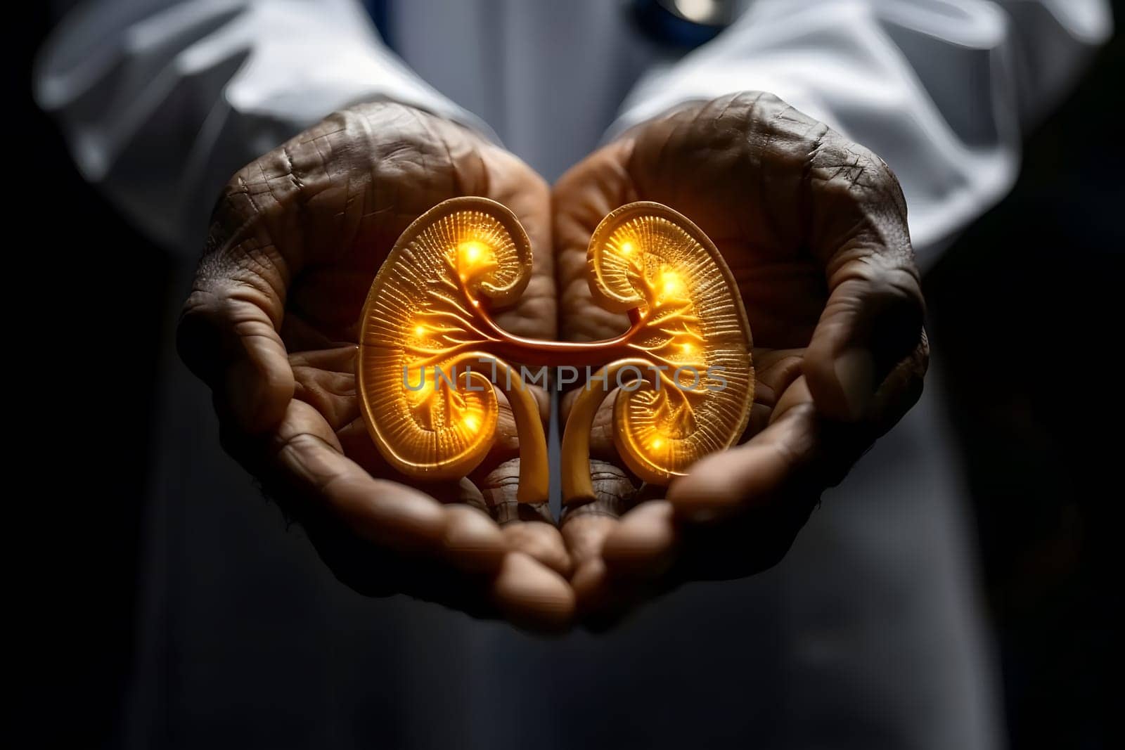 Close-up of doctor's hands cradling illuminated kidney model, symbolizing health care, medical education, and nephrology concept.