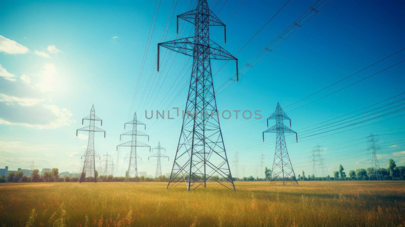 High voltage electrical line. High voltage power transmission tower against a background of blue sky and sun. Electric current runs through wires