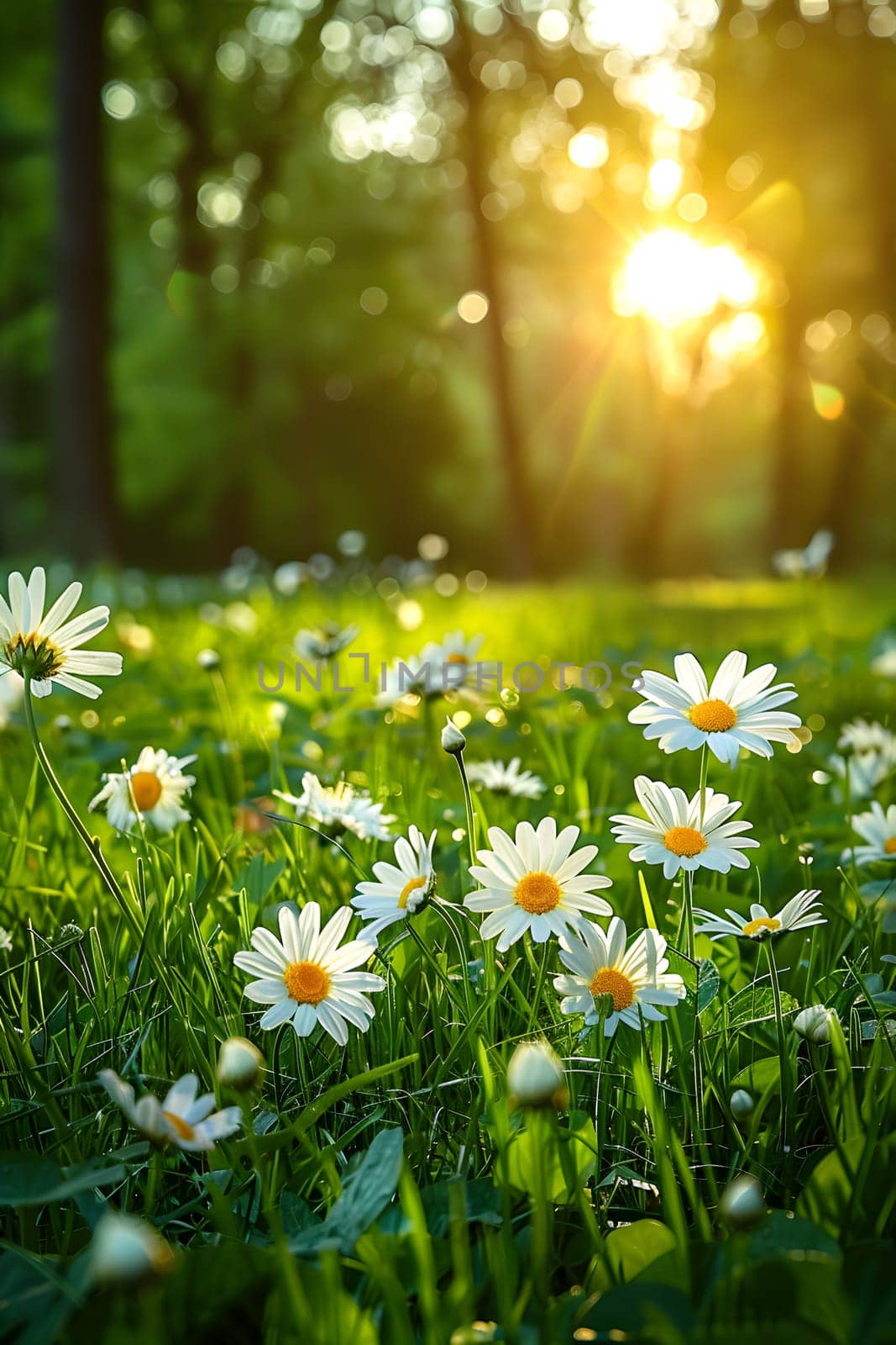 Scenic view of a lush daisy meadow bathed in sunlight with vivid colors and space for copy. Depicts summer vibrancy, serenity, and natural beauty.