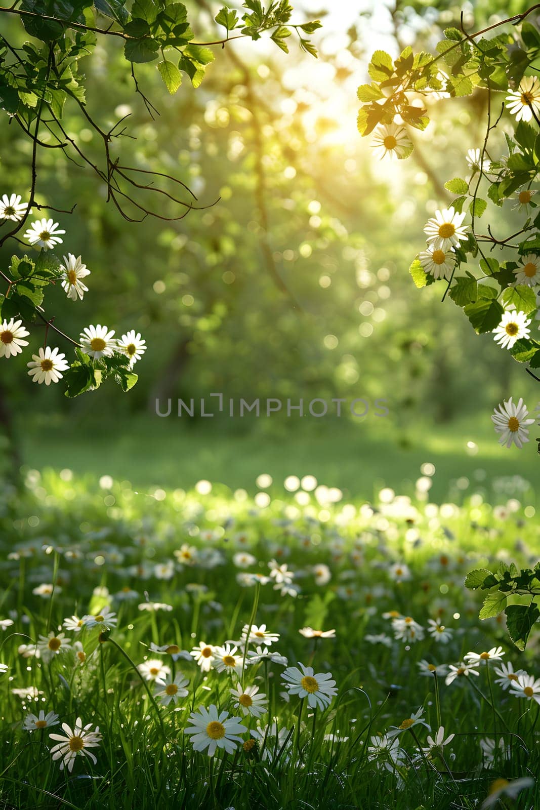 Serene summer landscape of blooming wildflowers, green grass, and sun streaming through leaves with copy space.
